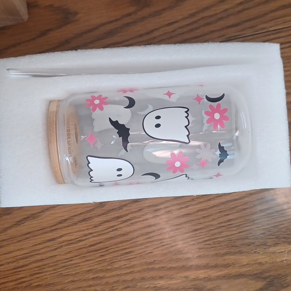 NWT Halloween Ghost Drinking Glass with Bamboo Lid and Straw 16.9 oz - Picture 3 of 4